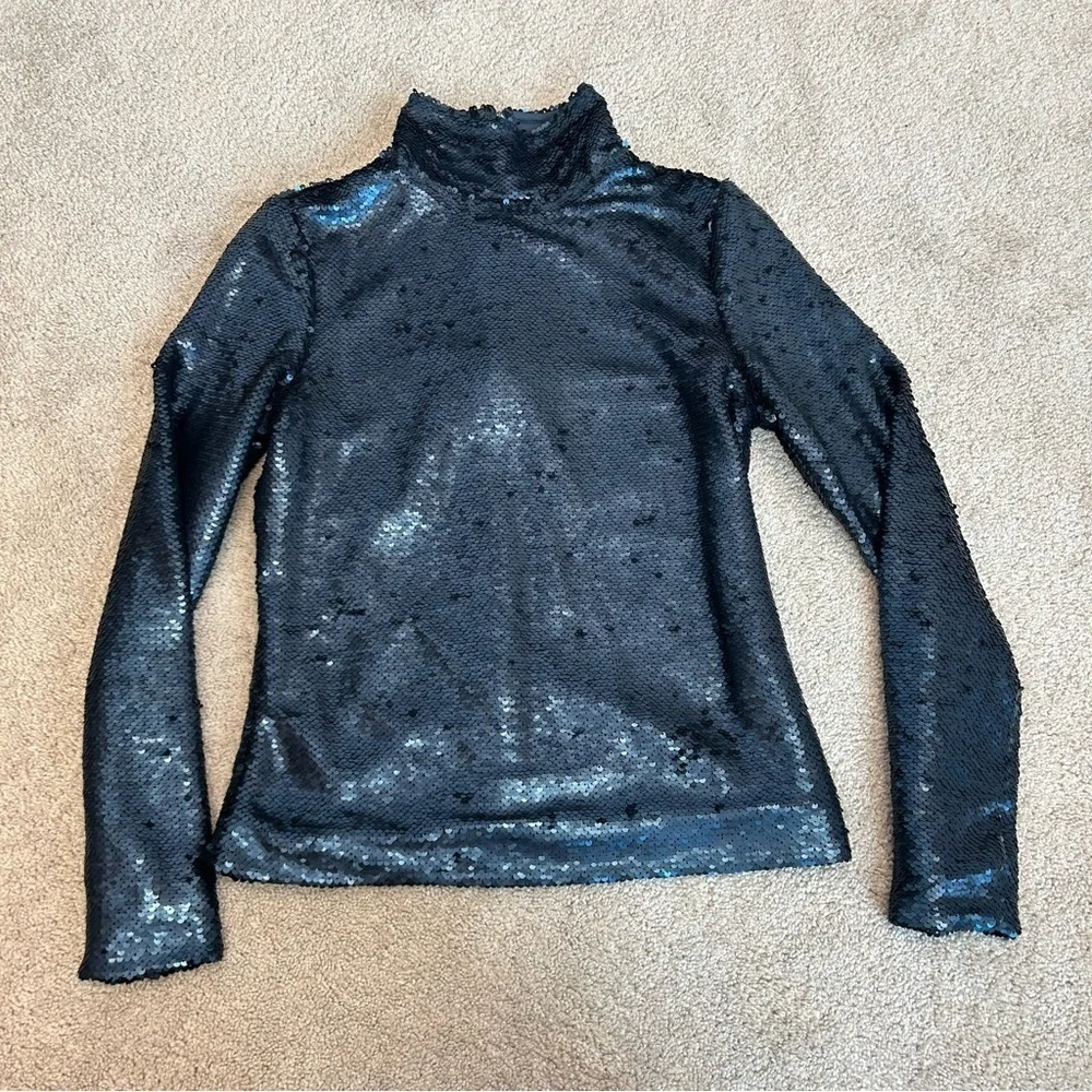 Simons Icone Matte blue Sequin high neck long sleeve top Sz S
